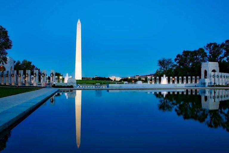 View of the Washington Monument and reflecting pool at dusk